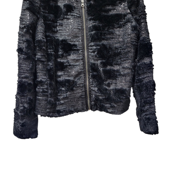 BDB Buffalo David Bitton Womens Medium Black Faux Fur Sequin Jacket Collarless - Picture 7 of 8